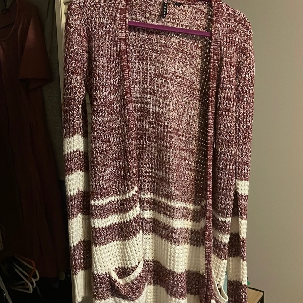 L white and marroon striped cardigan POOF